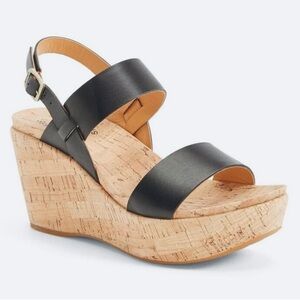 Kork-Ease Black Austin Leather Buckle Closure Patform Wedge Sandals Shoes Sz 8M